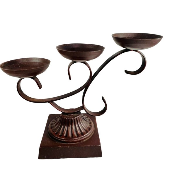 MCM Wrought Iron Candle Holder Three Tiered Pillar Stand Heavy Vintage u - Picture 1 of 5